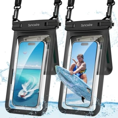 Image de SYNCWIRE Pochette Étanche Smartphone [ Lot de 2], Double Espace IPX8 Sac étanche pour iPhone 15 14 13 12 Pro Max Plus XR XS X SE, Samsung Galaxy S24 S23 S22 Ultra S21, Jusqu&#039;à 8.5 Pouces Noir