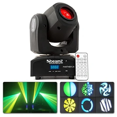 Image de Beamz Panther 25 Lyre Spot LED CREE Blanche 12W, Faisceau 12, 5, 9 ou 11 Canaux DMX, Roue de 7x Gobos, 7 Couleurs + Blanc, Modes DMX et Auto, Fonction Maitre/Esclave, Idéal DJ, Concert