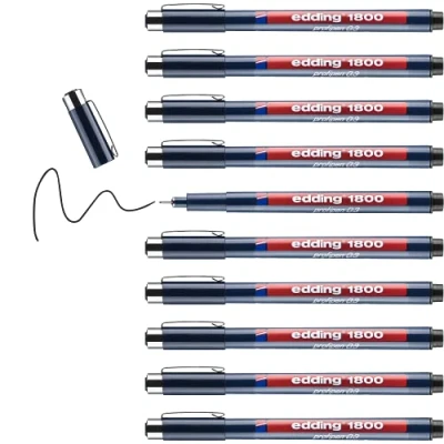 Image de edding 1800 Feutre fin de précision Noir 10 stylos Largeur trait,35 mm Pour une écriture et des esquisses précises Pointe fine gainée métal adapté aux règles pochoirs