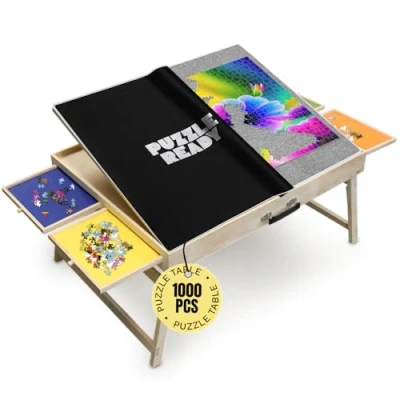 Image de Planche de Puzzle prête à l&#039;emploi avec tiroirs colorés et Tapis Couverture en Bois (1000 Stück (Tisch mit Beinen))