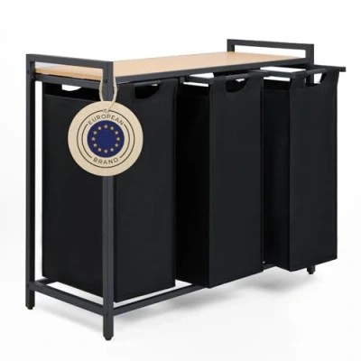 Image de Blumtal panier a linge 3 compartiments meuble de salle bain avec effet bambou compartiment étagère en métal bac deux sections cadre métallique sur pieds teinte noire