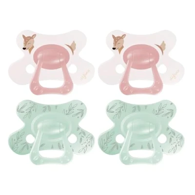 Image de Difrax Natural Sucette 18 Mois et Plus Tétine en Silicone Souple Motif Cerf Rose Poudré &amp; Vert Menthe 4 Pièces Anatomique Facile à Accepter Sans BPA Confort Nocturne