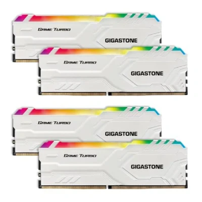 Image de 【RGB DDR4 RAM】 GIGASTONE Game Turbo 32Go Kit(4x8Go) 3200MHz PC4 25600 CL16 18 40 Intel XMP 2.0 AMD Ryzen 1.35V UDIMM 288pin UnbuffeRouge Non ECC Mémoire Haute Performance pour PC Bureau Blanc