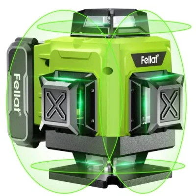 Image de Niveau Laser, FELLAT Laser Vert 4x360, Autonivelant 4D 16 Lignes avec 2 x Batteries Rechargeables 4800 mAh, Télécommande, Support Rotatif et Base de Levage