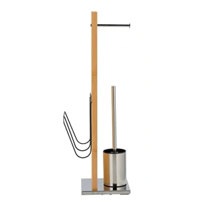 Image de WENKO Ensemble WC sur pied Portofino avec porte journaux, dérouleur de papier hygiénique et brosse WC, en bambou véritable acier inox, 24,5 x 68 22,5 cm, marron