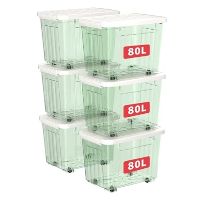 Image de Cetomo Lot de 6 boîtes rangement en plastique 80 l x cm, vert clair, boîte avec couvercle durable et boucles verrouillage sécurisées, empilables emboîtables, boucle