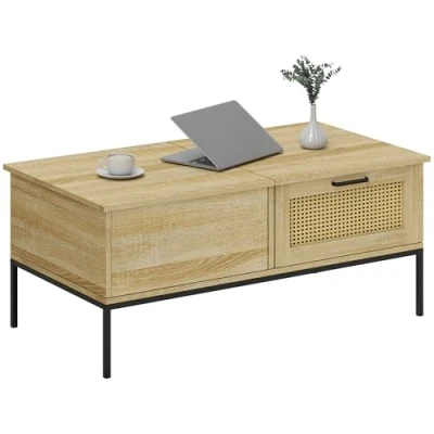 Image de HOMCOM Table Basse avec Plateau relevable de Salon 2 Grands tiroirs Cadre en Acier 106 x 56,3 48 cm Naturel
