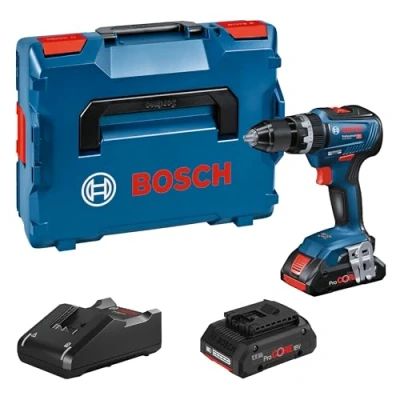 Image de Bosch Professional 06019H5304 Système sans Fil 18V, Perceuse à Percussion GSB 18V 55 avec 2 Batteries ProCORE 4.0 Ah + GAL 40 en Coffret L Boxx Bleu