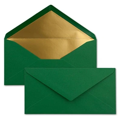 Image de 15x enveloppes 11 x 22 cm couleur: vert foncé aves doublure en or métallique fermeture: gommée format DL américain, portefeuille sans fenêtre pour papier A4 invitations
