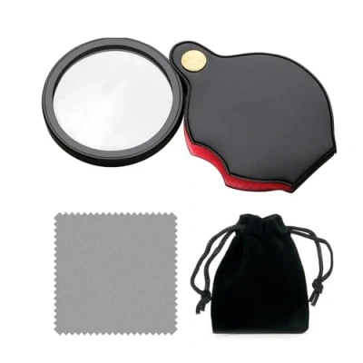 Image de PFLYPF loupe 5 fois, 1 chiffon de nettoyage et sac rangement, mini poche, rotative pliante avec étui protection en cuir, convient pour la lecture, les loisirs.