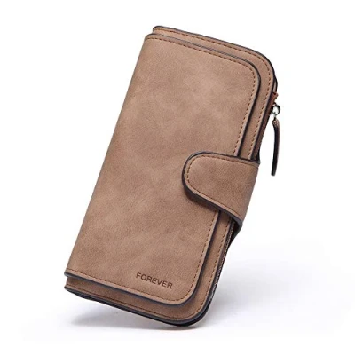 Image de Portefeuille Femme Grande Capacite PU Cuir Porte Monnaie Elégant avec 16 Cartes y Compris 2 fenêtre d&#039;identification, Zippé pour (Marron)