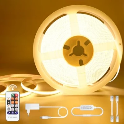 Image de Ruban LED COB 10M Blanc Chaud, Bande Dimmable 3000K, 24V Autocollant Etanche IP44, Bandeau avec alimentation et télécommande, Bandes lumineuses 10 Metre pour Armoires,Cuisines,TV