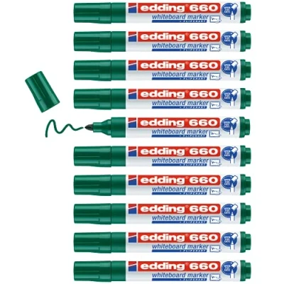 Image de edding 660 Marqueur pour tableaux blancs vert 10 stylos pointe ronde 1,5 3 mm feutre effaçable blanc, magnétique, mémo et chevalet de conférence sketchnotes rechargeable