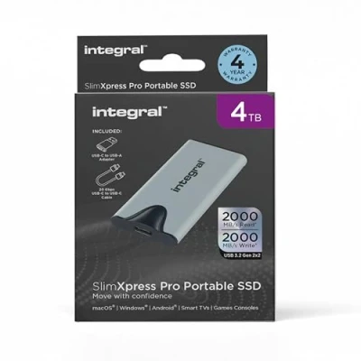 Image de Integral 4TB SlimXpress Pro SSD Portable USB 3.2 Gen 2x2 Jusqu&#039;à 2000MB/s de Vitesse Lecture et d&#039;écriture. Boîtier Compact Plug &amp; Play. Compatible avec Mac, PC, Android, Xbox Playstation