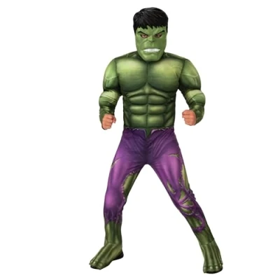 Image de Rubies Costume Hulk Deluxe pour enfants de 7 à 8 ans avec poitrine rembourrée, couvre bottes et masque carnaval, Noël, anniversaire, fête Halloween
