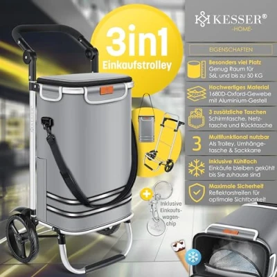 Image de KESSER® Chariot de Courses Pliable avec Une capacité 56 litres et Charge maximale 50 kg 3 en 1, Diable Sac à bandoulière Compartiment