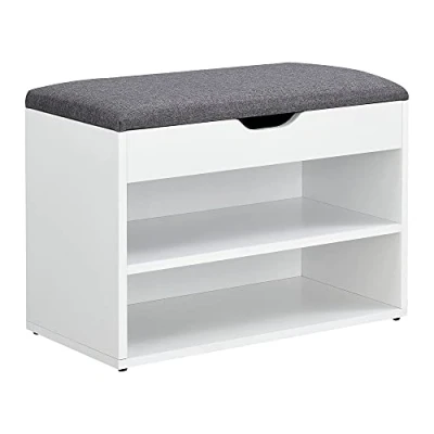 Image de [en.casa] Banc à Chaussures Design Étagère 2 Niveaux Meuble de Rangement pour 4 Paires avec Siège Rembourré Rabattable Panneau Particules Polyester Coton 46 x 60 30 cm Blanc Gris