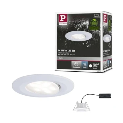 Image de Paulmann Calla 99930 Spot LED encastrable rond avec 1 x 6,5 W IP65 à intensité variable Blanc mat Éclairage d&#039;armoire en plastique 4000 K, 1er Set