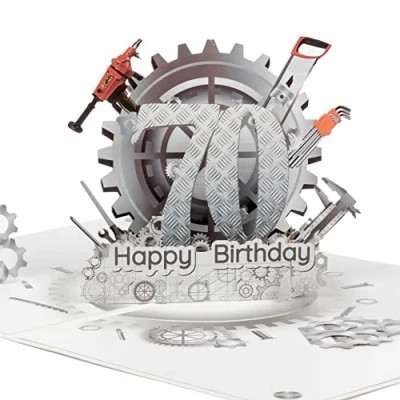 Image de LIMAH® Carte d&#039;anniversaire pop up 3D pour homme, grand père, papa Convient bon d&#039;achat, cadeau ou en argent Motif Happy Birthday 70 avec roues dentées et outils