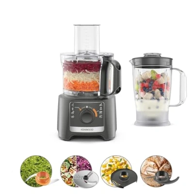 Image de Kenwood Multipro Compact FDP31.170GY Robot hachoir de cuisine avec 2 vitesses + Pulse inclus Mélangeur 1,2 L, bol 2,1 pour hacher, râper et pétrir, 800 W