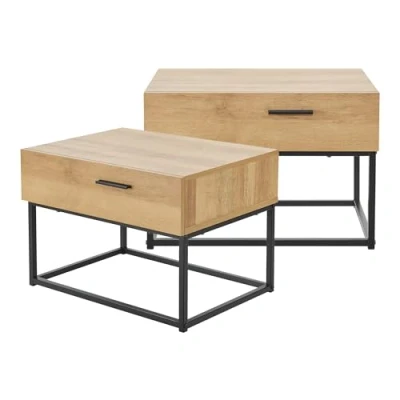 Image de [en.casa] Set de 2 Tables Chevet Industriel avec Tiroir Lot d&#039;Appoint Ensemble Bout Canapé Table Basse Métal Panneau Particules 39 x 55 40 cm Noir Effet Chêne