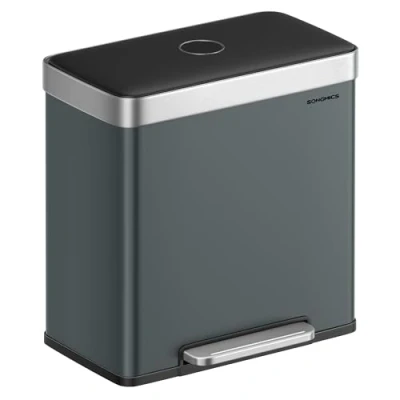 Image de SONGMICS Poubelle Tri Sélectif 2 Bacs, x 30L, Double Cuisine en Acier Inoxydable,15 Sacs, Seaux Plastique, Couvercles à Fermeture Lente, 58,2 36,5 60,5 cm, Gris Verdâtre LTB202G01