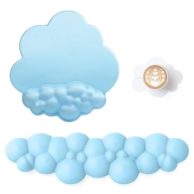 Image de ATTACK SHARK Cloud Repose Poignet Tapis de Souris avec Dessous Verre,Support Ergonomique pour Clavier, Base Antidérapante, Ensemble d&#039;accessoires Bureau Mignons Bleu