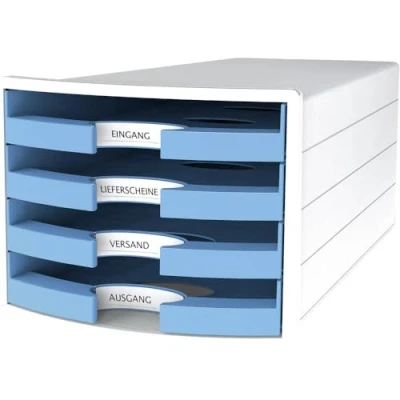 Image de HAN IMPULS Boîte de rangement avec 4 tiroirs ouverts Blanc/bleu clair Format A4/C4