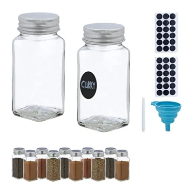 Image de Relaxdays Lot de 12 Pots à épices, avec Entonnoir, Verres Condiments, étiquettes, 120 ML, Verre, Transparent