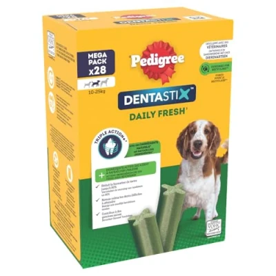 Image de PEDIGREE DENTASTIX FRESH Sticks Dentaires pour Moyen Chien 10 25kg 112 Bâtonnets (Lot de 4 Boîtes 28 Friandises) Hygiène Bucco dentaire, Scientifiquement Prouvé, Haleine Fraîche au Quotidien