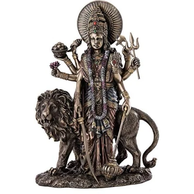 Image de Durga statue hindoue féminine avec lion Sculpture de déesse divine mère l&#039;univers en bronze coulé à froid qualité supérieure 28 cm / idole