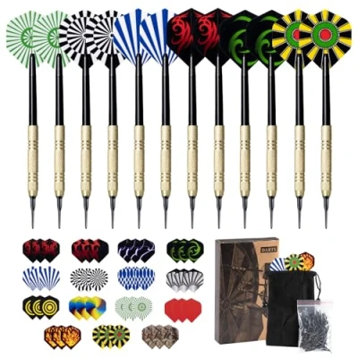 Image de Carehabi Lot de 12 fléchettes avec Pointe en Plastique pour Cible électronique 14 g, 45 ailettes supplémentaires, 15 Motifs 100 Pointes à remplacer