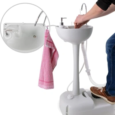 Image de Stagecaptain PSW 17 Quixie Lavabo portable pour camping Station lavage mobile l&#039;extérieur voyage et réservoir d&#039;eau à pompe mécanique distributeur de savon porte serviettes Évier avec roulettes