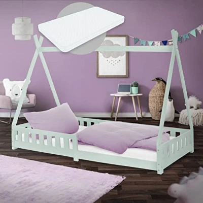 Image de ML Design Lit Enfant Tipi 90x200 cm Menthe avec Matelas à Mousse Froide Polyester, H:10 cm, Housse Amovible, Sommier Lattes, Anti Chute, Style Indien en Bois de Pin, Protection contre les Chutes