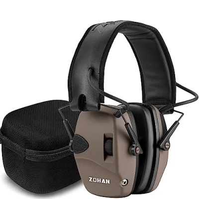 Image de ZOHAN 054 Casque Anti Bruit de Tir Electronique Coussinets d&#039;oreille Remplaçable, Réducteur Reglable, Protection Auditive Chasse Amplificateur Sonore, SNR 27dB, NRR 22dB, Marron avec Sac