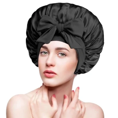 Image de Adorila bonnet en satin de soie pour femme endormie, bande élastique douce, sommeil réglable cheveux bouclés (noir)