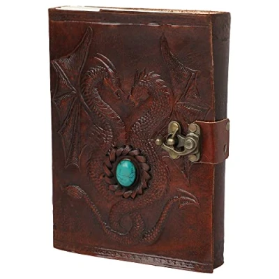 Image de OVERDOSE Double Dragon with Stone C Lock Leather Journal Diary Notebook Handmade for Students Office Bound men &amp; women 5 x 7 inches 12 17 cm A6
