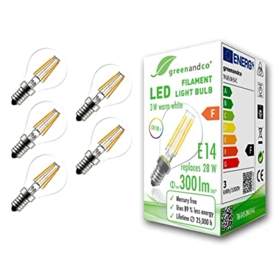 Image de 5x greenandco® IRC 90+ Ampoule à Filament LED E14 G45 Globe 3W (équivalent 28W) 300lm 2700K (blanc chaud) 360 230V Verre, aucun scintillement, non gradable