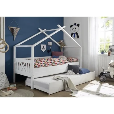 Image de Lit maison blanc Leona en pin massif EMOB Pour matelas et sommier 90x200 cm Avec tiroirs