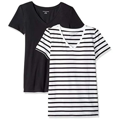 Image de Amazon Essentials T Shirt Col en v à Manches Courtes Coupe Classique Femme, Lot de 2, Blanc Rayures/Noir, XL