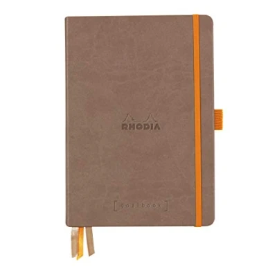 Image de RHODIA 118573C Carnet Rigide Bullet Journal Goalbook Taupe A5 14,8 x 21 cm Pointillés Dot 240 pages Papier Clairefontaine Blanc 90 g/m² 3 Rubans, Fermeture Élastique Simili Cuir
