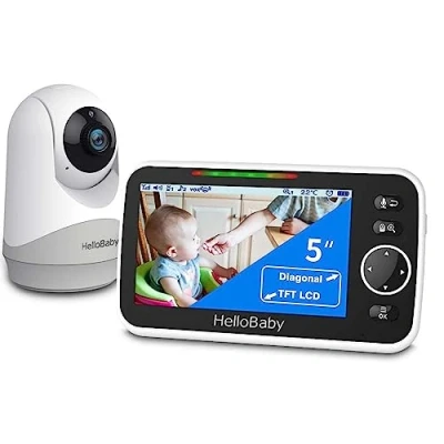 Image de HelloBaby Moniteur avec caméra et audio, grand écran de 12,7 cm batterie 3500 mAh, à distance panoramique, conversation bidirectionnelle, mode ECO, vision nocturne automatique, portée