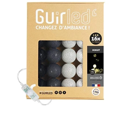 Image de GuirLED Guirlande lumineuse boules coton LED USB Veilleuse bébé 2h Adaptateur secteur double 2A inclus 3 intensités 16 1.6m Minuit
