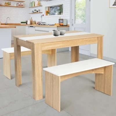 Image de Table à manger hêtre et blanche avec bancs