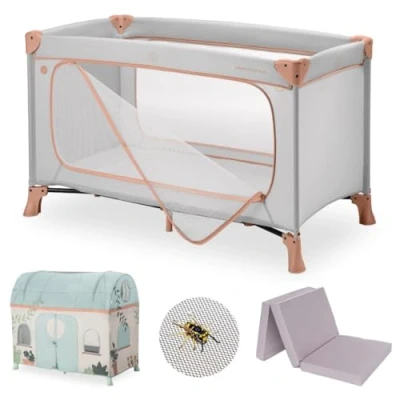 Image de hauck Lit Parapluie Bebe avec Matelas Dream N Play Plus, Pack XXL Tente de Lit, Moustiquaire Accès Latéral et Sac Transport Dusty Cork