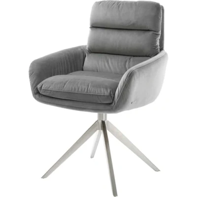Image de Chaise pivotante Abelia Flex avec accoudoirs velours gris pied croisé large acier inoxydable brossé pivotement sur 360 fonction bascule