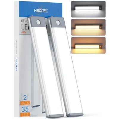 Image de HIBOITEC 2 Pièces Lampe de Placard 35 LED,Sans Fil Luminaire Cuisine, Rechargeable USB Magnetique Reglette Led Cuisine,3 Modes d’Éclairage, Portable, a Pile, Baladeuse Secours