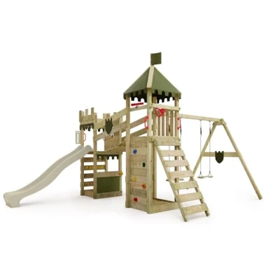 Image de Aire de jeux en bois FATMOOSE RiverRun avec balançoire et toboggan vert sauge