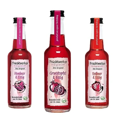 Image de Fruchtwerker Set vinaigre et grenade I Différentes variétés Fruité de fruits Pure végétale Doux Dans des bouteilles en verre (grenade + framboise fraise)