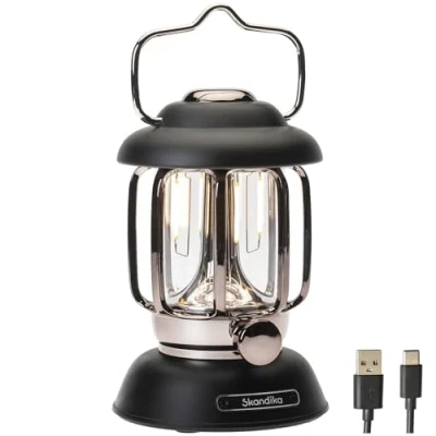 Image de Skandika Forsol Lampe de camping LED style rétro Rechargeable, intensité variable, batterie 4400 mAh Lanterne pour camping, jardin, décoration, randonnée (Noir)